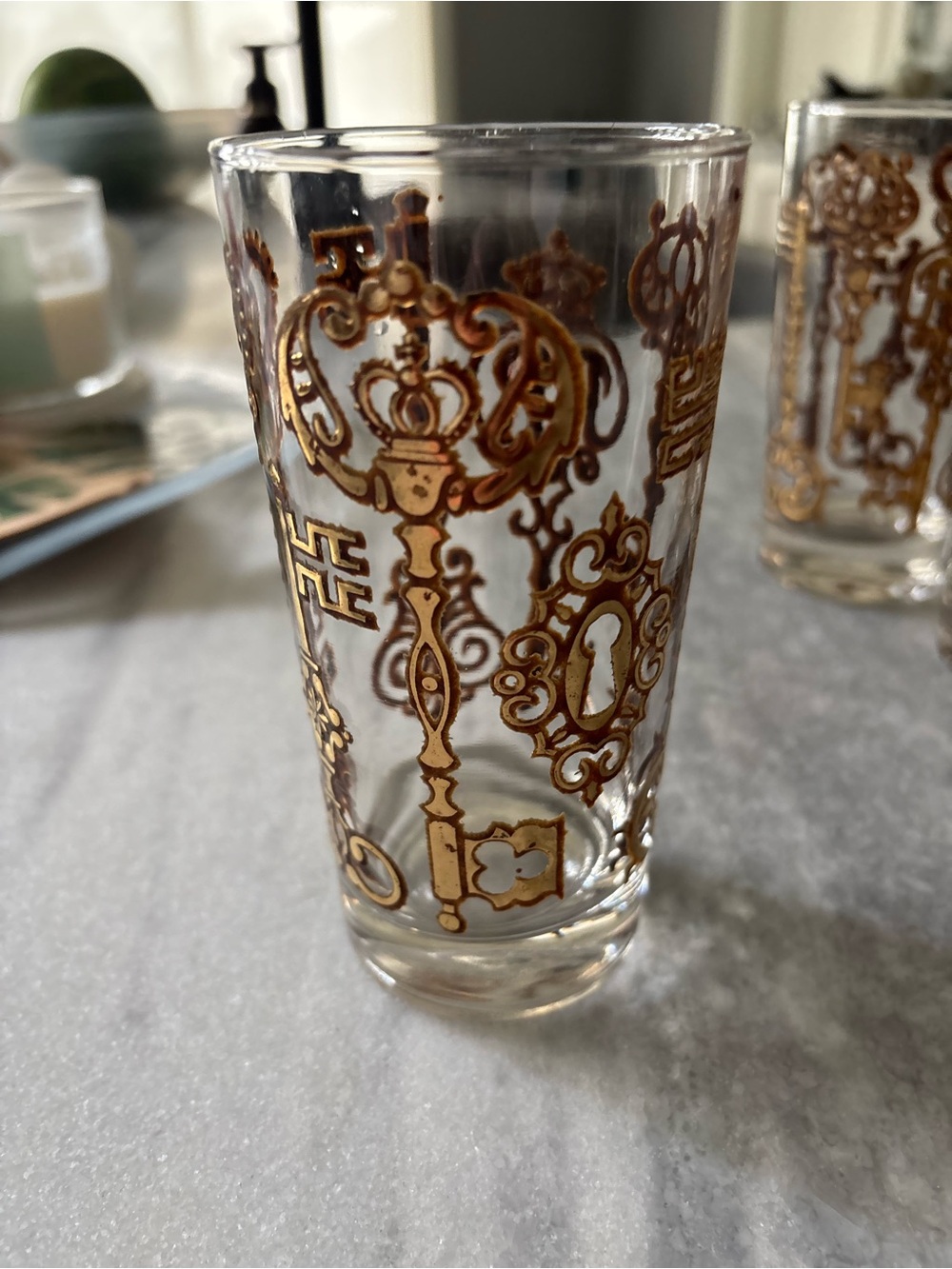 Set of Gold Key Motif Highball Glasses - Clear and Gold 1960 rare steam punk
